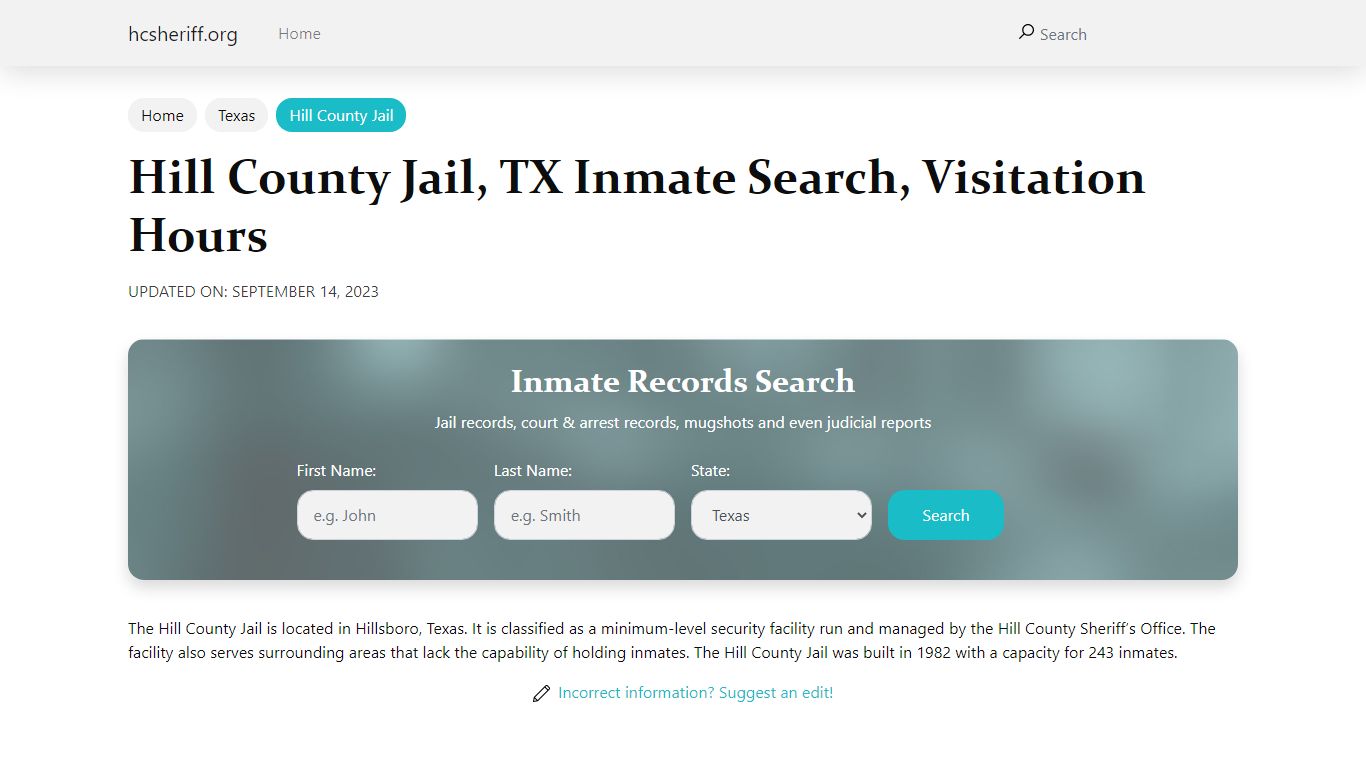 Hill County Jail, TX Inmate Search, Visitation Hours